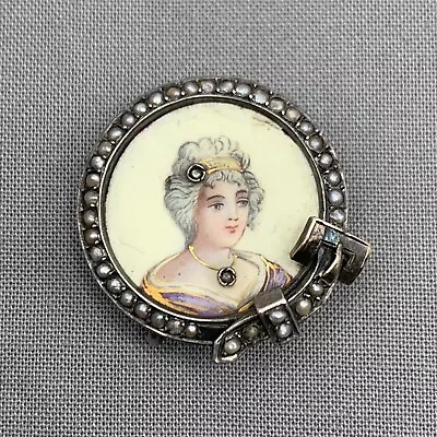 Estate Antique Hand Painted Miniature Portrait Brooch Pendant Seed Pearls • $79.99