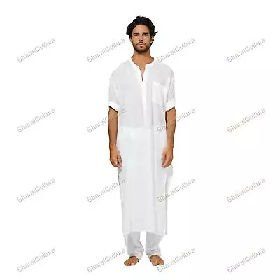 Mens Kurta White Color Indian Top Shirt Solid Kurta Mens Wear Cotton Kurta • $21.32