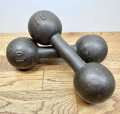 Vintage Dumbbell Pair Round Globe Head 10 Lb. Cast Iron Hand Weights 20 Lb Total • $129