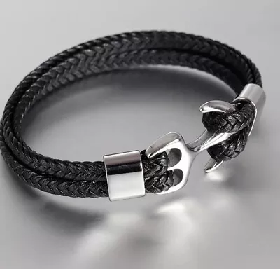 Black Leather Bracelet With Stainless Steel Anchor • $15.49