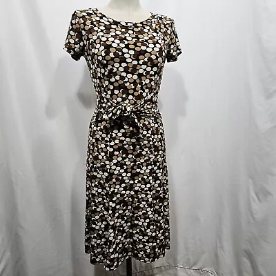 Tie Waist Midi Dress Womens Small Brown Dot Print Travel Knit Stretch Fit/ Flare • £16.27