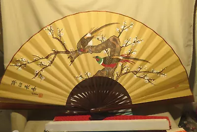 Emmanuel VINTAGE SILK CHINESE LARGE HAND PAINTED FAN EXPANDS TO 46.5  Wide 26  H • $29.99