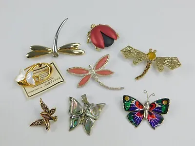 Vintage Gold Tone Lot Of 8 Dragonfly Butterfly Lady Bug Brooch Pin Pendant • $34.99