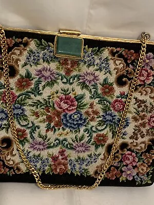 Vintage Black Floral Needle Point Tapestry Handbag Large Green Stone Shoulderbag • $79