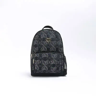 River Island Kids Girls Backpack Black Embroidered Bag Nylon Heart Quilt • £10