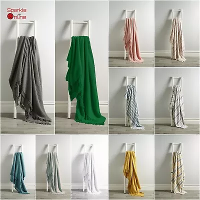 £19.95 • Buy 100% Cotton Throw Large Tasseled Edge Woven Blanket Sofa Chair Bed Settee Cover