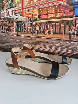 Merona Black/ Brown Leather 2  Wedge Woven Straw Flat Strappy Sandal 9 • $25.50