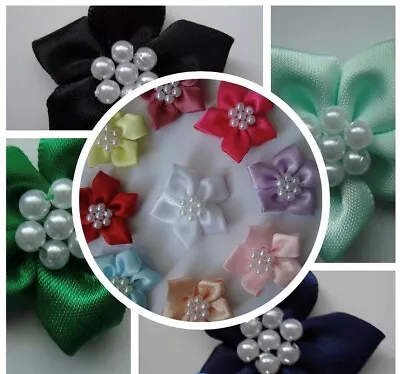 Satin Ribbon Ponsettia Flower Bows With Pearl Embellishment - Pk Of 4 • £2.55
