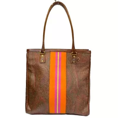 ETRO Tote Shoulder Bag Brown Orange PVC Leather Paisley Pattern Business Casual • $195.36