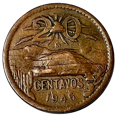1946 Mo Mexico 20 Centavos World Type Coin Pyramid Volcanos KM# 439 Lot A9-15 • $6.11