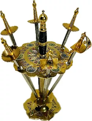 Vintage TOLEDO Spain Mini Sword Cocktail Appetizer 6 Pick Set With Brass Stand • $49