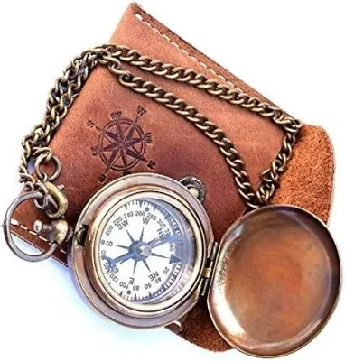 $23.20 • Buy Handmade Nautical Brass Push Open Compass On Chain With Leather Case Pocket Comp