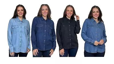 Ladies Casual Button Up 100% Cotton Long Sleeve Blue Denim Shirt • £12.99