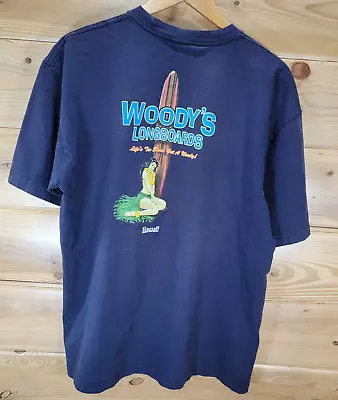 Vintage Woodys Longboards T Shirt Men XL Hawaii Girl Surf Board Fade Stain Blue • $14.99