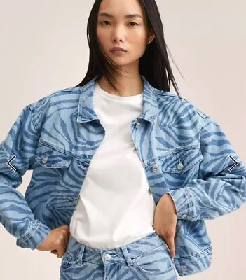 MNG Mango NWT Zebra Printed Blue Cotton Denim Jacket Women’s Size S FreeShip • $29