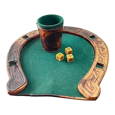 Vintage Mexican Horse Shoe Stitched Leather Felt Bakelite Poker Dice Game Cup • $55.99