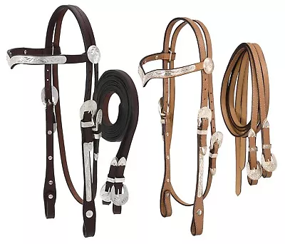 $71.01 • Buy Silver V Browband Silver Show Headstall -Matching Reins - Light Or Dark Oil