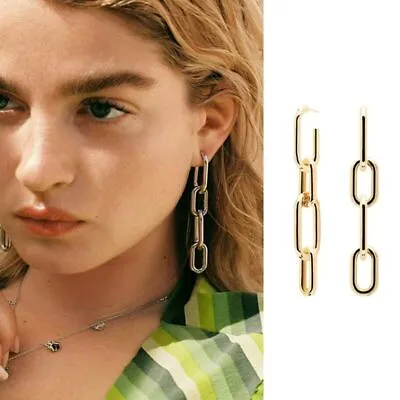 Woman 14K Gold Plated Paper Clip Chain Tassel Earring Stud Hook Dangle Drop • $9.98