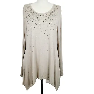 NEW Vocal Tunic Top XL Beige Knit Sparkly Beaded Asymmetrical Shark Bite Hem Tee • $27.99