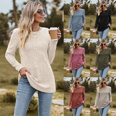 Women Long Sleeve RIBBED Knit Pullover Blouse Tunic Tops Stretch Tee Shirts SIZE • £8.15