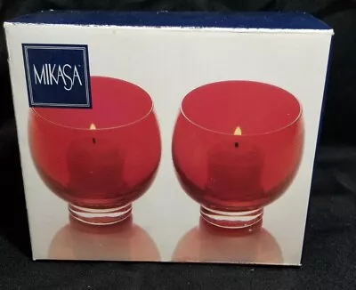 Mikasa Crystal CHEERS RUBY Horizontal Lines Candleholder Tea Light Votive Set • $12