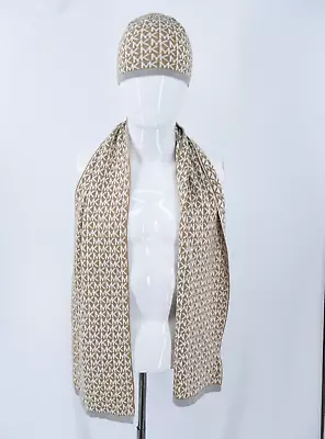 MICHAEL KORS MK LOGO - Knit Scarf & Beanie Hat Set - Light Brown/White - Soft • $22