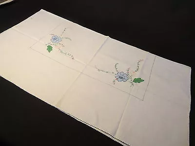 $6 • Buy Vintage Applique &  Embroidered Tablecloth Blue Flowers Blue Edged 30  X 31 