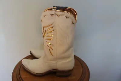 Acme Vintage White With Gold Inlay Cowgirl Boots  - Sz 4 C  Made In USA • $125