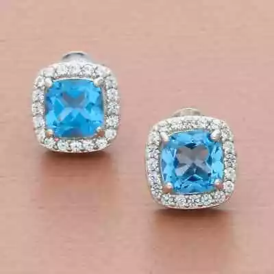 Zales Sterling Silver Cushion-cut Blue Topaz & White Sapphire Stud Earrings • $48