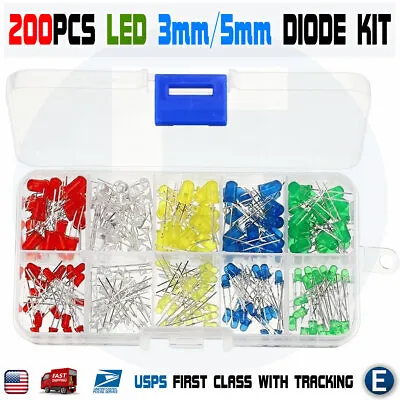 200Pcs 3mm 5mm LED Light White Yellow Red Blue Green Assortment Diodes Kit Box • $6.28