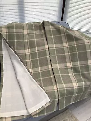 Lovely Textured Plaid / Checked Green & Cream Pencil Pleat Curtains W 44”X L48” • £9.99