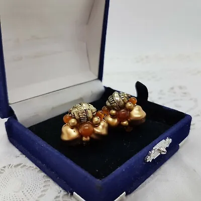 £3.99 • Buy VINTAGE 60s Bead Cluster Clip-On Earrings Gold Tone Faux Pearl Kitsch Retro Mod