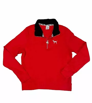 VS PINK Half Zip Pullover Medium Victorias Secret Sweatshirt Red Sherpa Dog Logo • $15.99