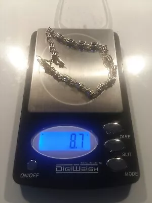 $98 • Buy 14K White Gold  Simulated Blue Sapphire W /  Diamond Chips Tennis Bracelet