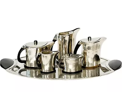 6pc Luigi Genazzi Italian Milano 800 Silver Wood Tea & Coffee Serving Set W Tray • $7862.50