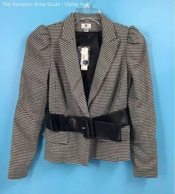 Worthington Womens Black Houndstooth Patent Leather Belted Jacket Size Small NWT • $9.99