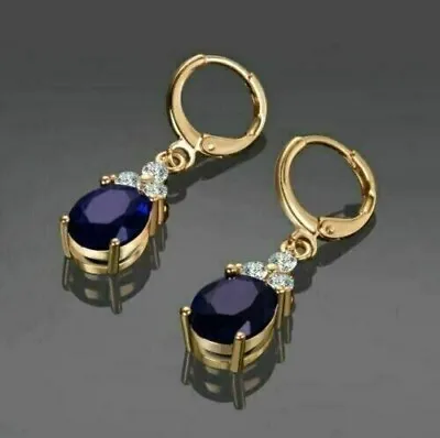 2CT Oval Lab Created Sapphire Diamond Drop/Dangle Earring 14K Yellow Gold Finish • $90.99
