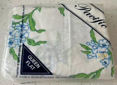 VTG Pacific Muslin Queen Flat Sheet “Lady Alison” Blue Green Floral NEW • $21