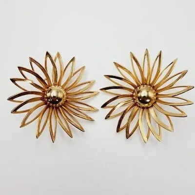 Sarah Coventry Vintage Large Flower Gold Tone Metal Floral Clip On Earrings • $14