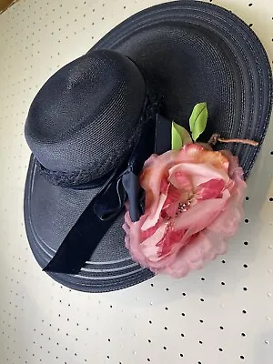 VTG Wide Brim Blue Sun Hat Marche Exclusive Women’s Flowers Velvet Ribbon • $22.46