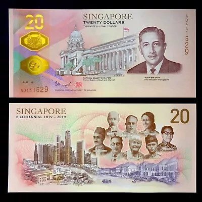 2019 Singapore 20 Dollars Polymer P-63 Unc+ +bicentennial Comm Tharman No Folder • $28.99