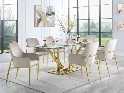 Mid-Century Modern Gold & Glass Top Table & Gray Chairs - 7 Piece Dining Set NB0 • $3498.87