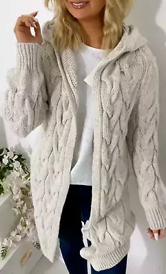 Women Ladies Cardigan Cable Knitted Oversized Long Hooded Chunky Jumper Top Cape • £19.85