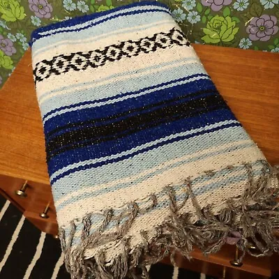 £0.99 • Buy Blue Mexican Woven Stripy Falsa Yoga Picnic/Beach Blanket / Throw - Bobbly