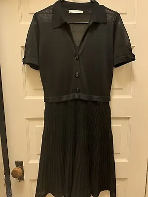 D. EXTERIOR | Vintage Black Linen Knit Sheer Pleated Skirt Dress Size Med • $45