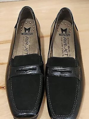 Women’s Mephisto Black Suede Patent Loafer Wedge Hadele Sz 7 • $103.35