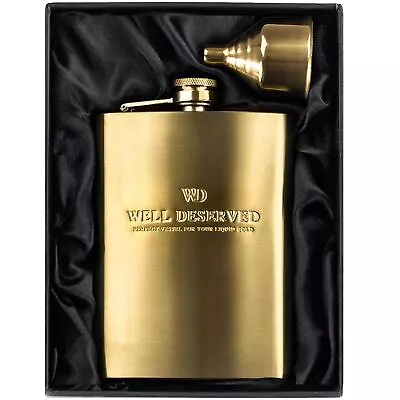 8oz Gold Flask For Liquor + Funnel + Pouch. Classy Black Satin Packaging. Pro... • $33.29