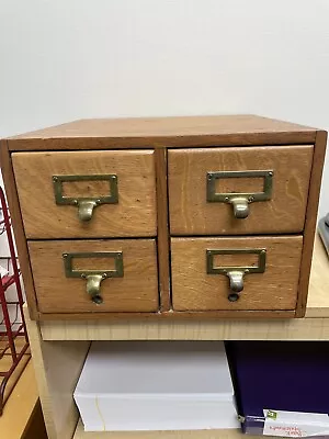 Vintage 4 Drawer Oak Wood Library Card Catalog File Box Brass Handles Great Cond • $330