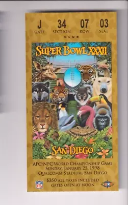 Super Bowl Xxxii 1998 Broncos/packers Nfl Club Level Sb32 Ticket Stub Used Rare • $1.25