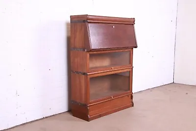 Antique Arts & Crafts Oak Barrister Bookcase With Drop Front Secretary Desk • $2495